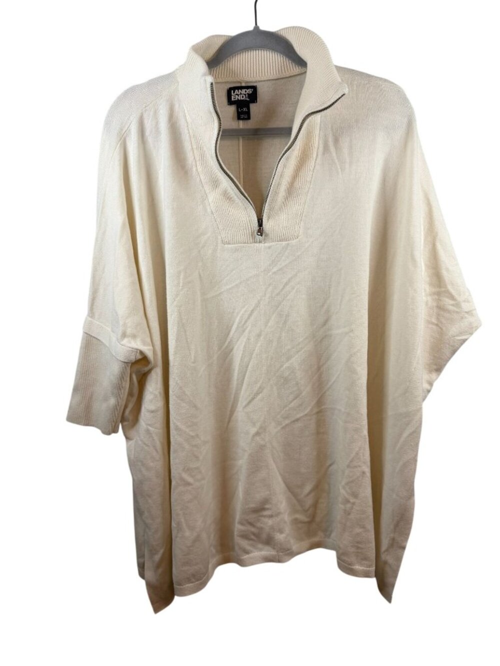 Lands End Womens L/XL Ivory Half-Zip Poncho Sweater Ribbed Collar Cotton Blend